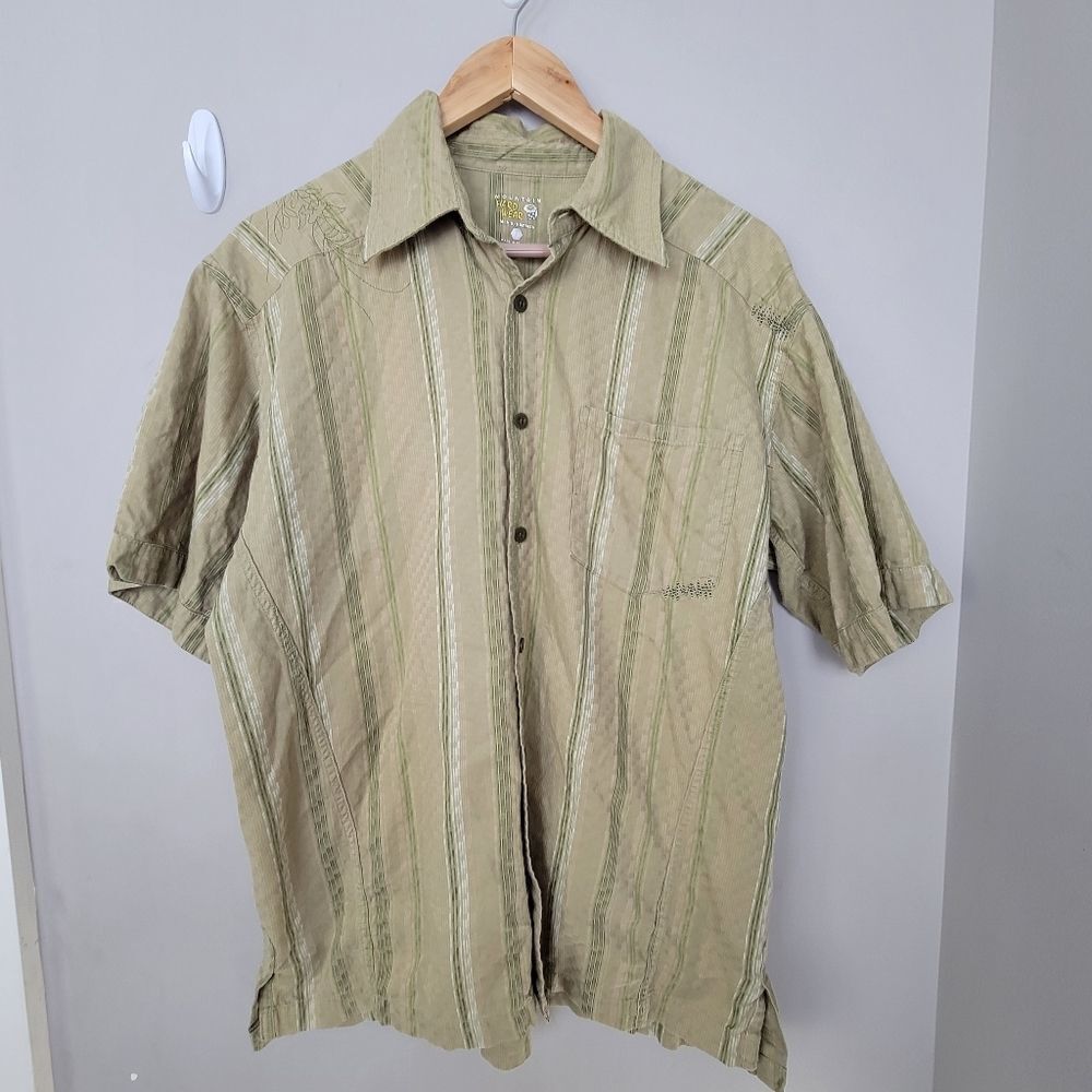 Mountain Hard Wear Mens Cotton Short Sleeve Button Front Shirt Green Stripe L